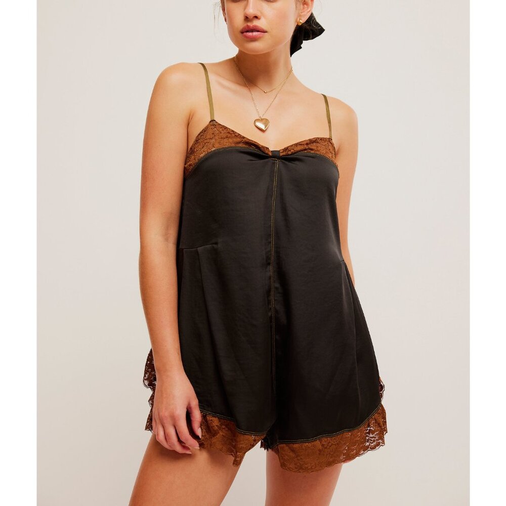 INTIMATELY FREE PEOPLE Black Boho Romper With Brown Lace Size XS